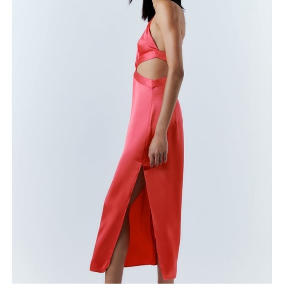 NWT. Zara Coral Pink Satin Effect Cut Out V-neck Midi Dress. Size XS. - Picture 6 of 12